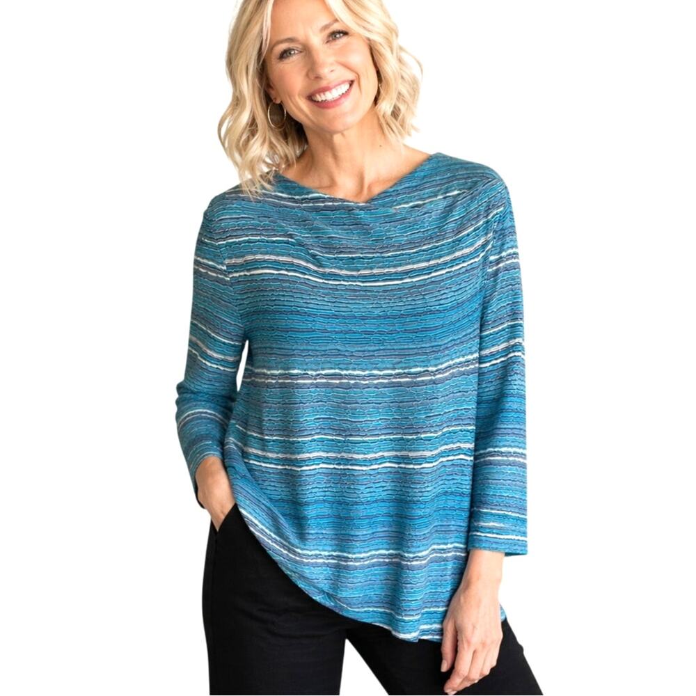 Habitat Wave Striped Top Womens XS Turquoise Boat Neck Lagenlook Blouse